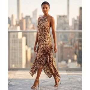 Y2K Vintage Halter Maxi Dress Size L Cheetah Animal Print Hi Low Romantic Party